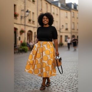 Lane Bryant Size 24 Retro Mod Orange Circle Print Pleated Midi Skirt